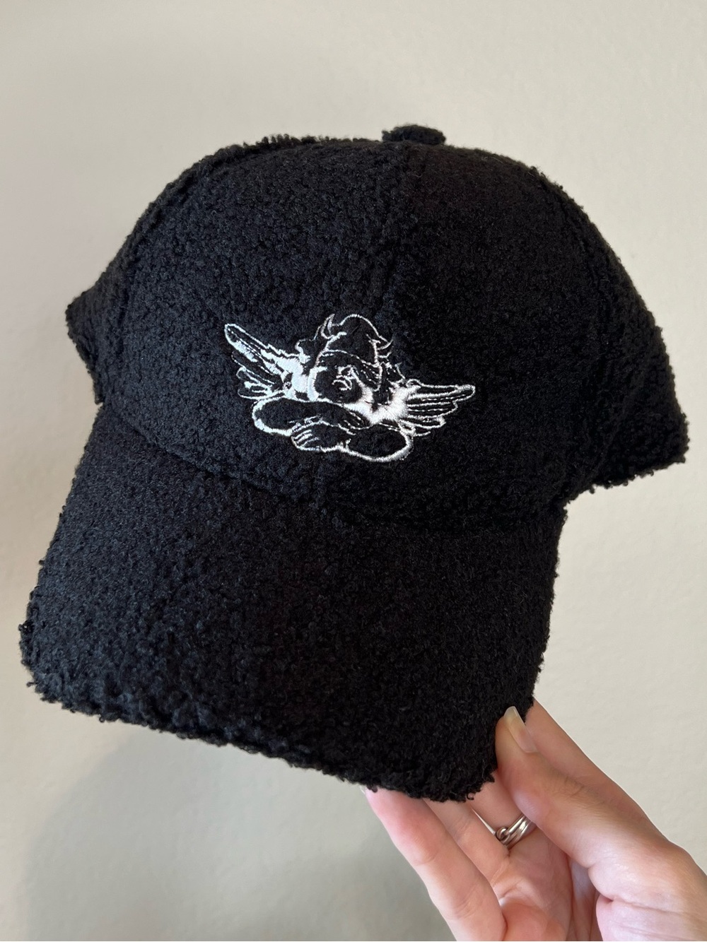 Like New! Boys Lie Black Sherpa Baseball Cap with White Angel Embroidery